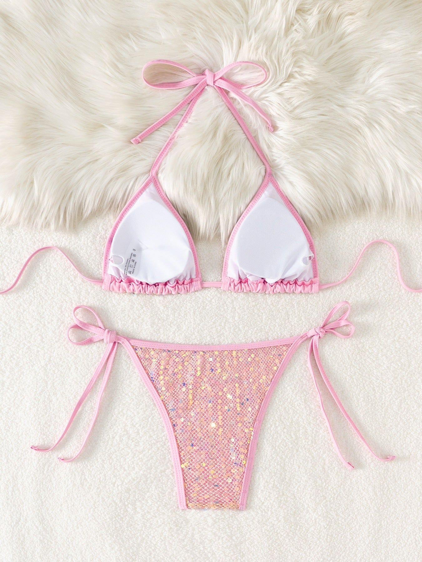 Pink Holographic Sequin Netted Sexy 2Pc Swimsuit Set Bikini