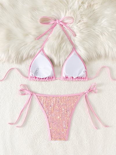 Pink Holographic Sequin Netted Sexy 2Pc Swimsuit Set Bikini