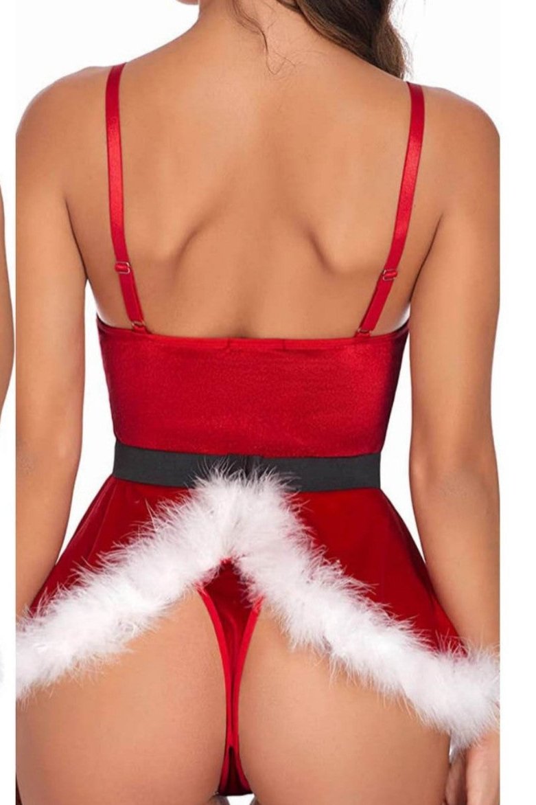 Red Velvet White Fur Belted Thong Holiday Outfit Santa Costume