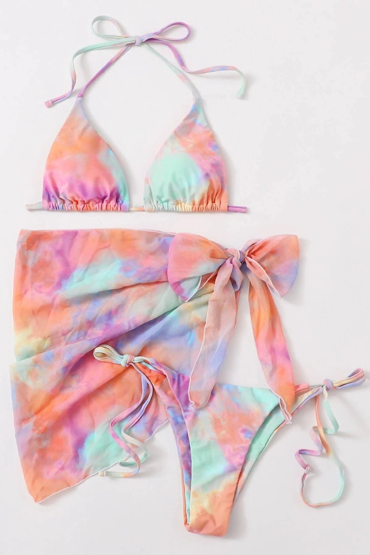Pink Mint Tie Dye Triangle Cheeky Cover-Up Sexy 3Pc Swimsuit Set