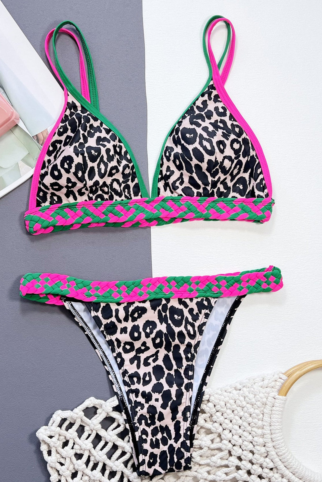 Pink Green Braided Leopard Triangle Cheeky Sexy 2Pc Swimsuit Set