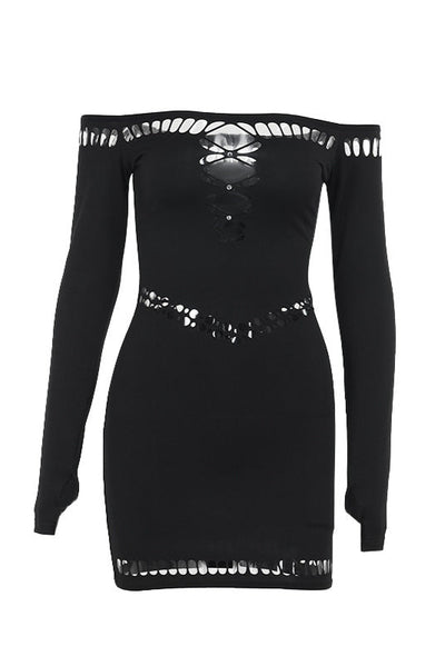 Black Rhinestones Off Shoulders Long Sleeves Stretchy Sexy Fitted Dress