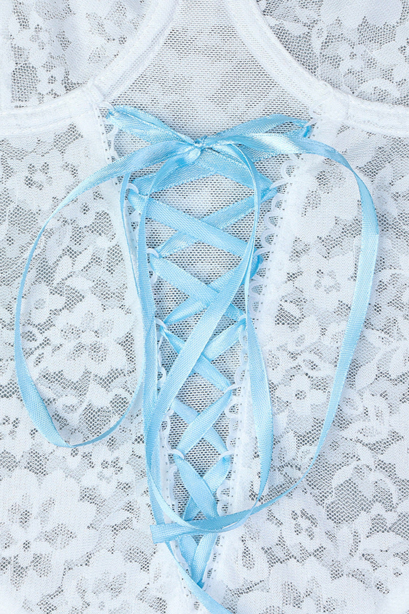 White Blue Lace Mesh Wired Bra Lace-Up Ruffle Thong Garter Bodysuit Sexy Lingerie