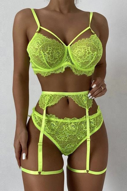 Lime Eyelash Lace Strappy Bra Garter Belt Thing Sexy 3Pc Lingerie Set