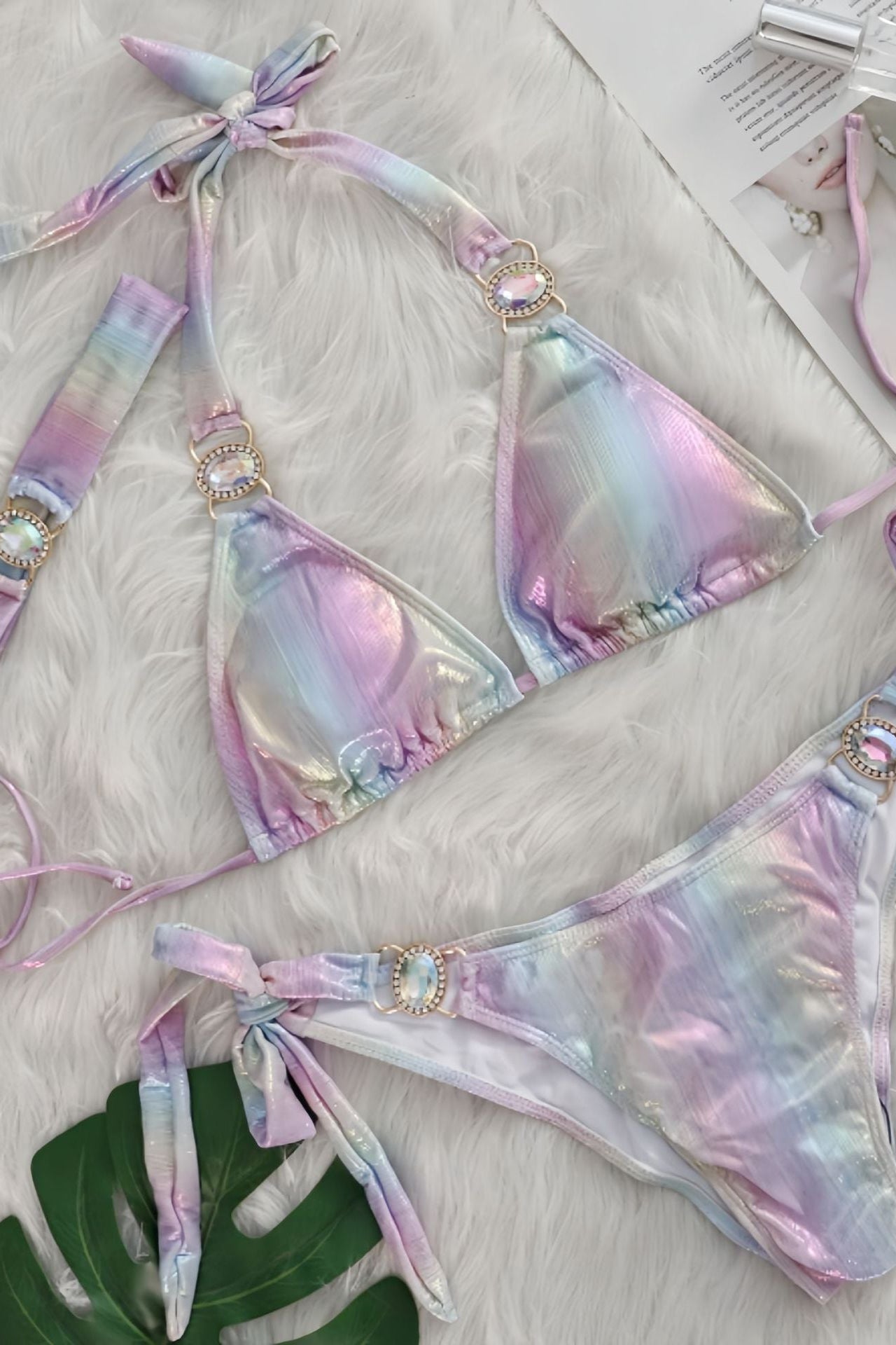 Light Pink Multi Holographic Metallic Rhinestone Gem Ruched Back Sexy 3Pc Swimsuit Set