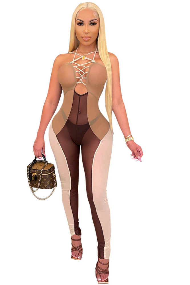 Brown Color Block Mesh Lace-Up Sexy Fitted Jumpsuit