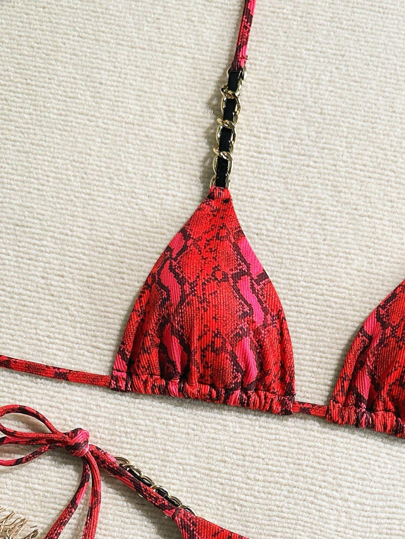 Red Snake Print Chain Thong Sexy 2Pc Swimsuit Set Bikini