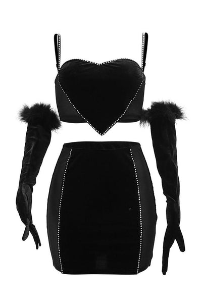 Black Velvet Rhinestone Heart Mesh Fur Trim Gloves 3Pc Party Dress Outfit