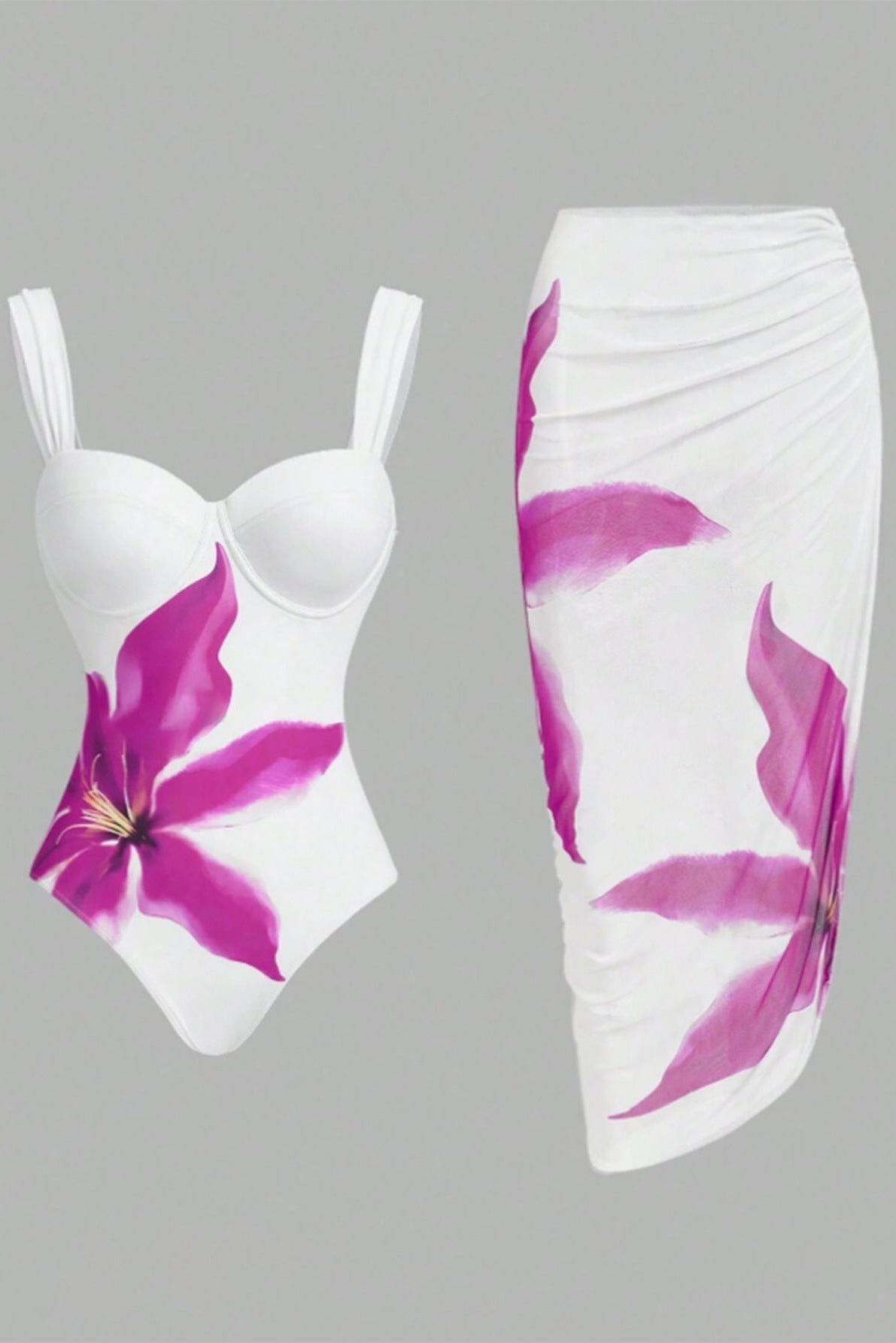 White Purple Flower Monokini Cover-Up 2Pc Swimsuit Set