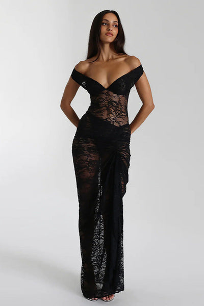 Black Lace Off Shoulder Bodysuit Maxi Skirt 2Pc Dress Set Outfit