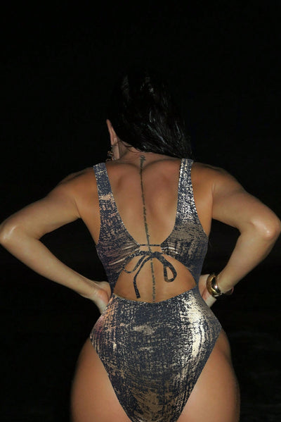 Black Gold O-Ring Plunging-V Sexy 1Pc Swimsuit Monokini
