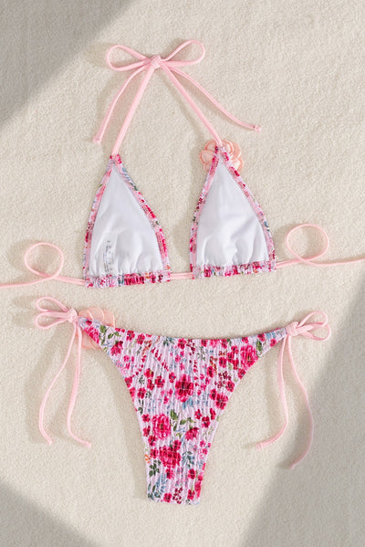 Pink Floral Smocked 3D Flower Rosette Sexy 2Pc Swimsuit Set