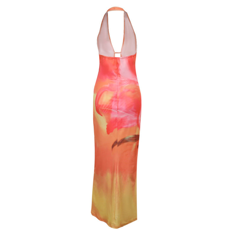 Orange Tie Dye Print Halter Plunging Sexy Maxi Mermaid Party Dress