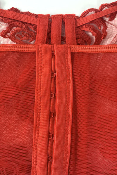Red Rose Lace Mesh Wired Boned Corset Chain Thong Sexy 2Pc Lingerie Set