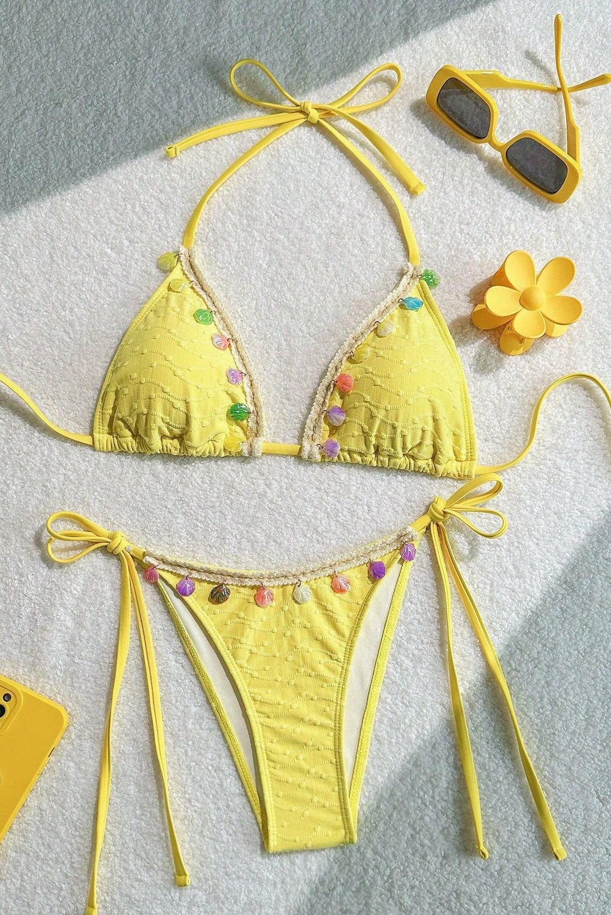 Yellow Rainbow Sea Shell Charm Sexy 2Pc Swimsuit Set Bikini