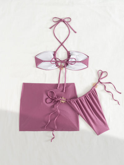 Purple Gold Sun Decor Halter Bandeau Cheeky Mesh Cover-Up 3Pc Swimsuit Set