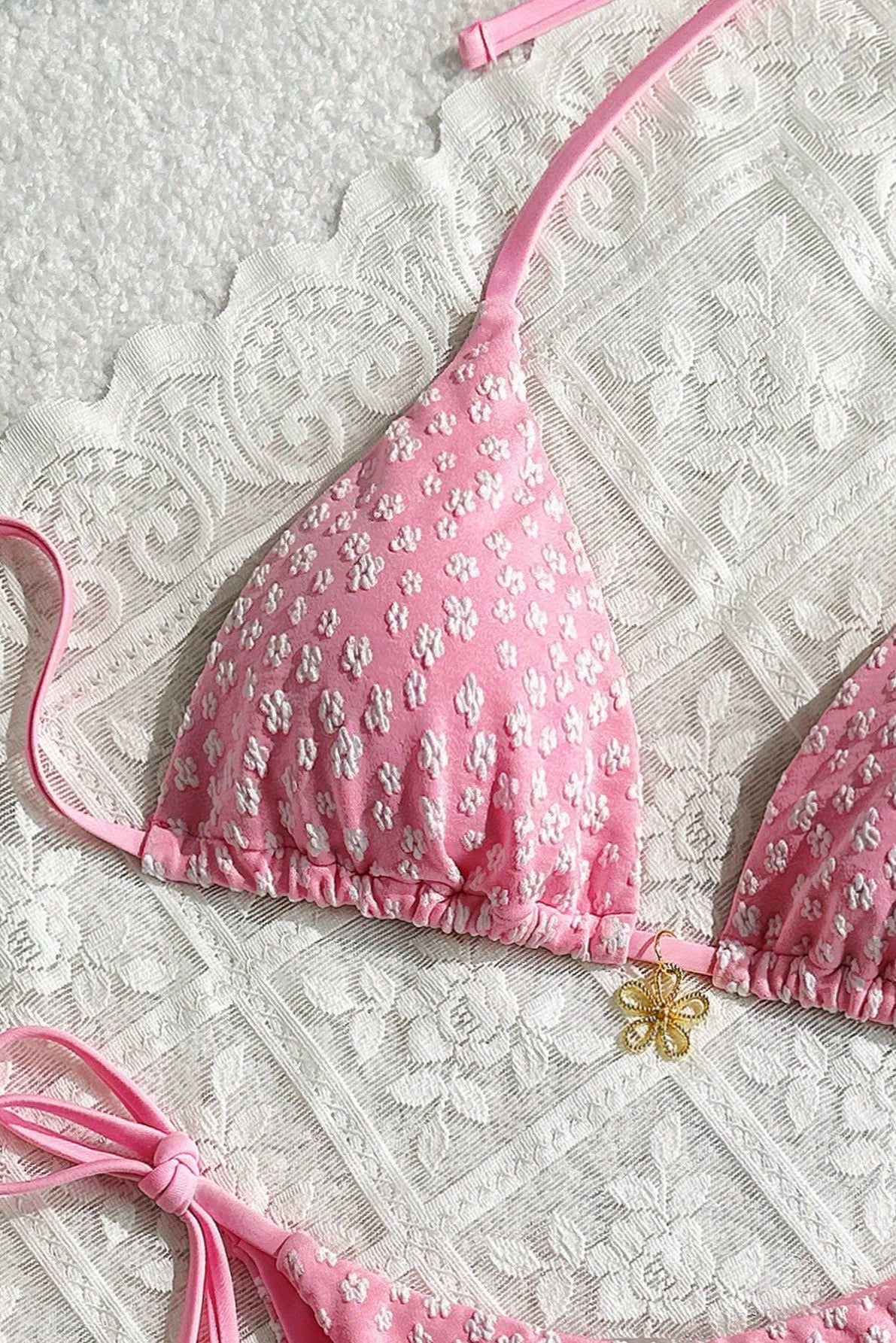 Light Pink Flower Textured Gold Charm Sexy 2Pc Swimsuit Set Bikini