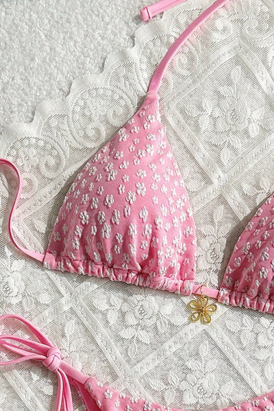 Light Pink Flower Textured Gold Charm Sexy 2Pc Swimsuit Set Bikini