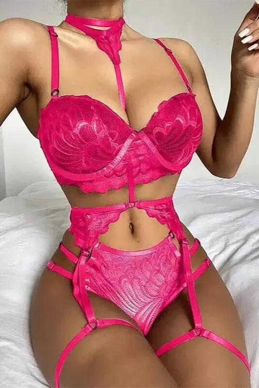 Sexy Choker Pink Floral Lace Garter Belt Panty 3 Pc Set GT245