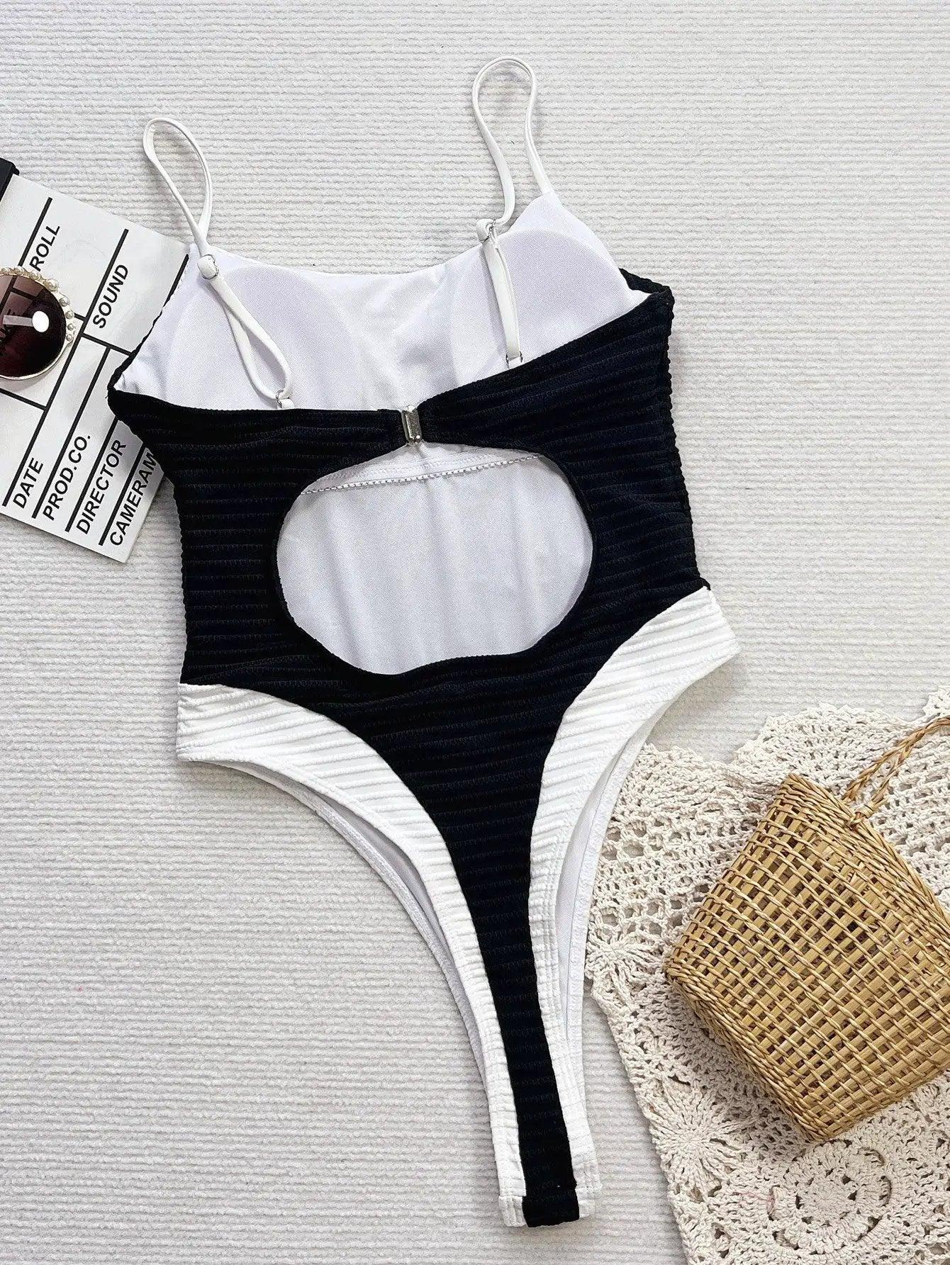 Black White Textured Fabric Thong Sexy Monokini 1Pc Swimsuit AMIClubwear black-white-textured-fabric-thong-sexy-monokini-1pc-swimsuit-amiclubwear