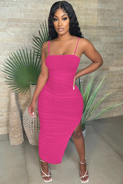 Pink Mesh Ruched Sleeveless Side Slit Sexy Fitted Long Dress