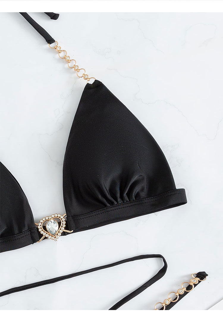 Black Heart Rhinestone Strappy Tied Sexy 2Pc Swimsuit Set Bikini