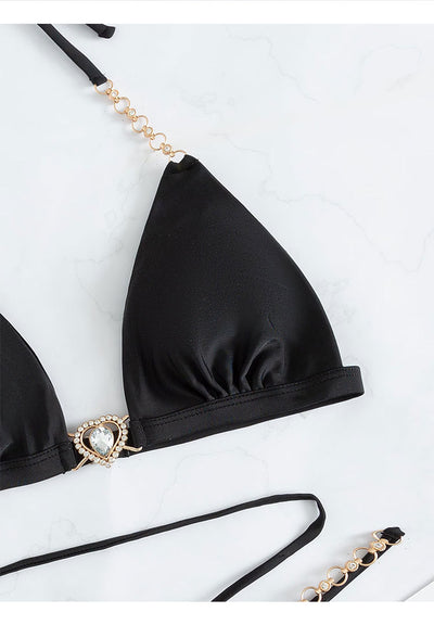Black Heart Rhinestone Strappy Tied Sexy 2Pc Swimsuit Set Bikini