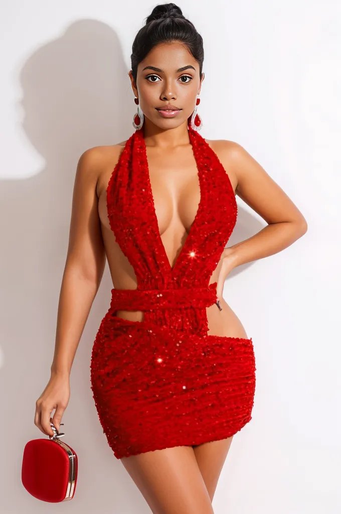 Red Sleeveless Cut Out Sequins Sexy Party Dress