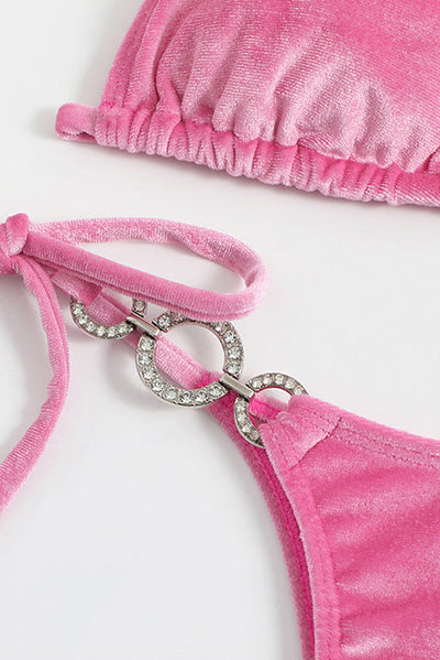 Pink Velvet Rhinestone Triangle Cheeky Sexy 2Pc Swimsuit Set Bikini