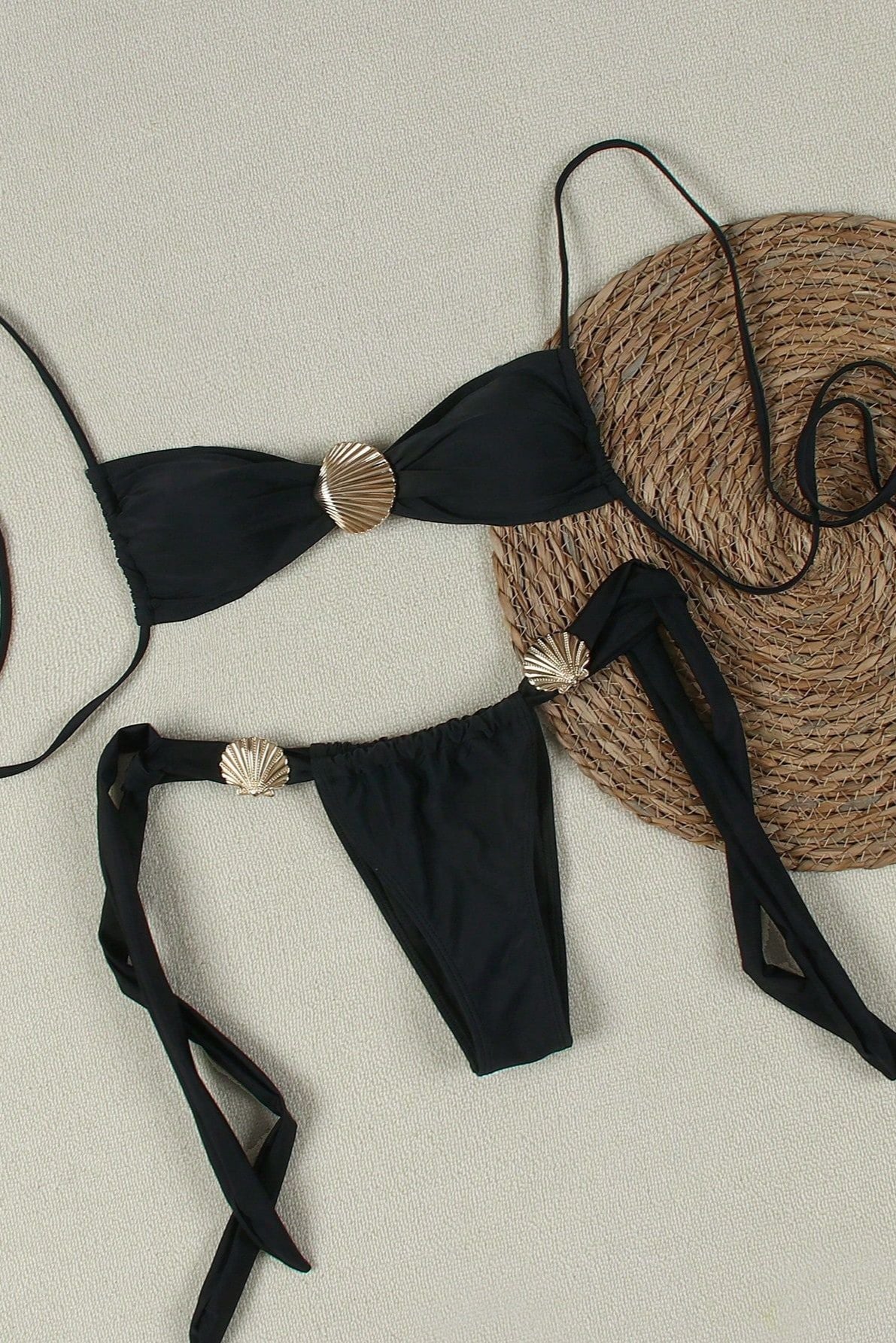 Black Gold Seashell Halter Cheeky Sexy 2Pc Swimsuit Set