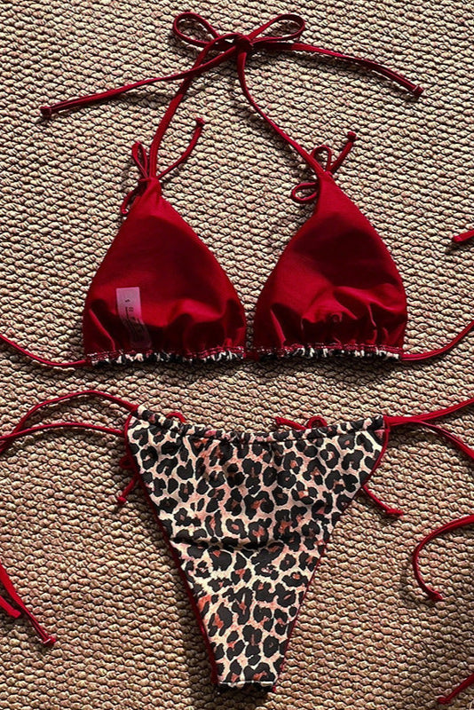 Leopard Print Red Reversible Bow Drawstring Sexy 2Pc Swimsuit Set Bikini