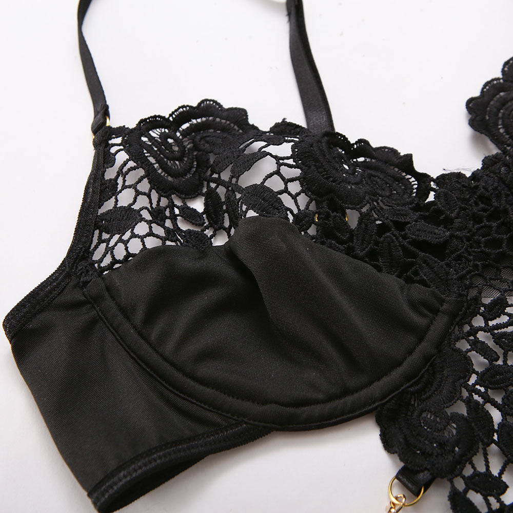 Black Flower Crochet Chain Garter Thong Sexy 2Pc Lingerie Set