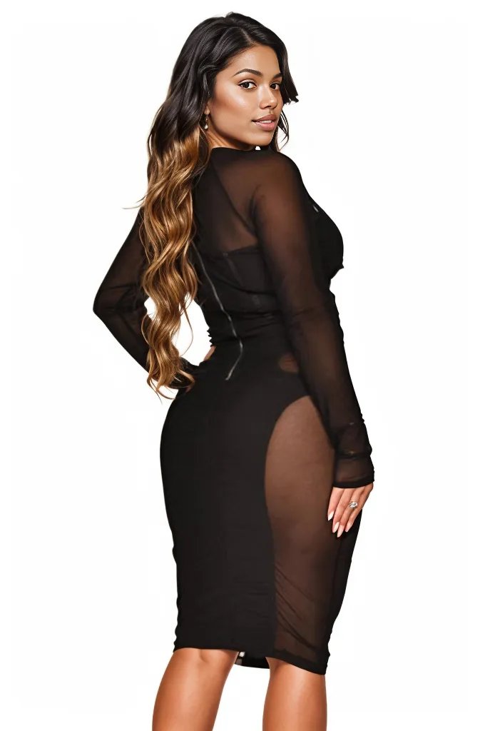 Black Mesh Long Sleeve Midi Sexy Party Dress