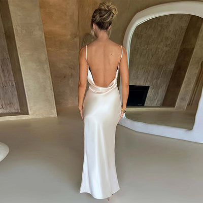 White Satin Drape Backless Sexy Full Length Maxi Party Dress