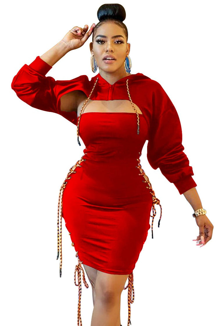 Red Hoodie Lace-Up Cut-Out Sexy Dress Outfit