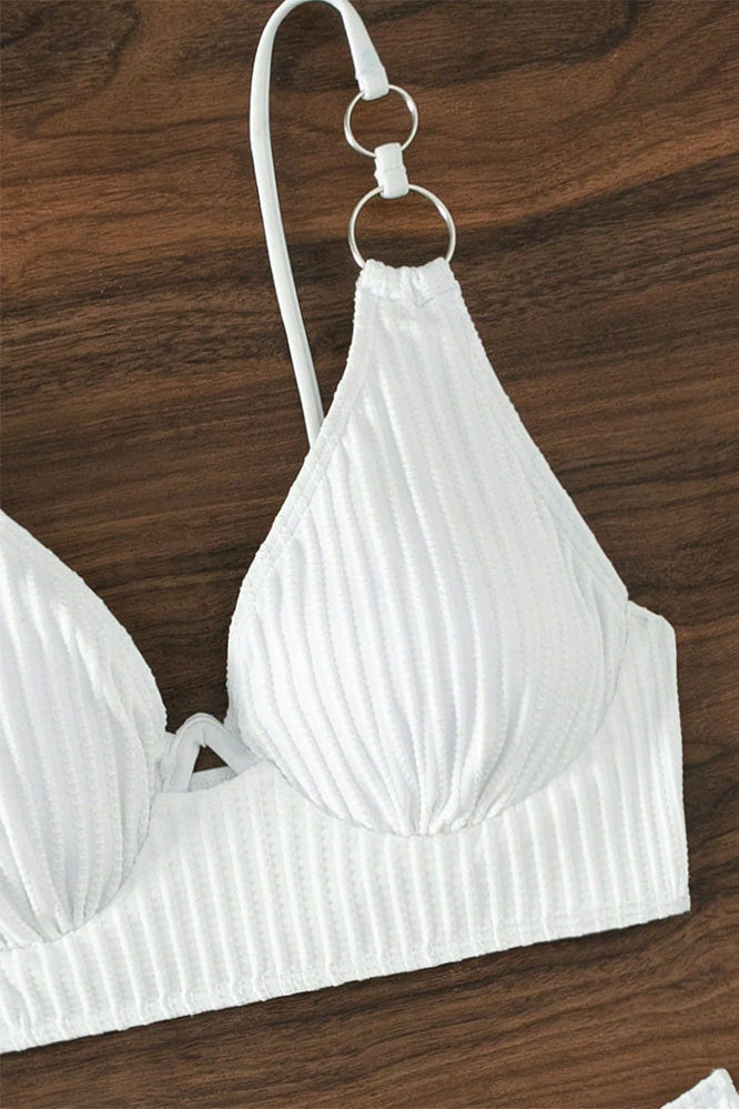 White Ribbed Wired V-Wired High Waist O-RIng Sexy 2Pc Swimsuit Set