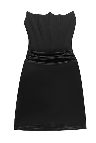 Black Boned Strapless Corset Ruched Waist Sexy Party Dress