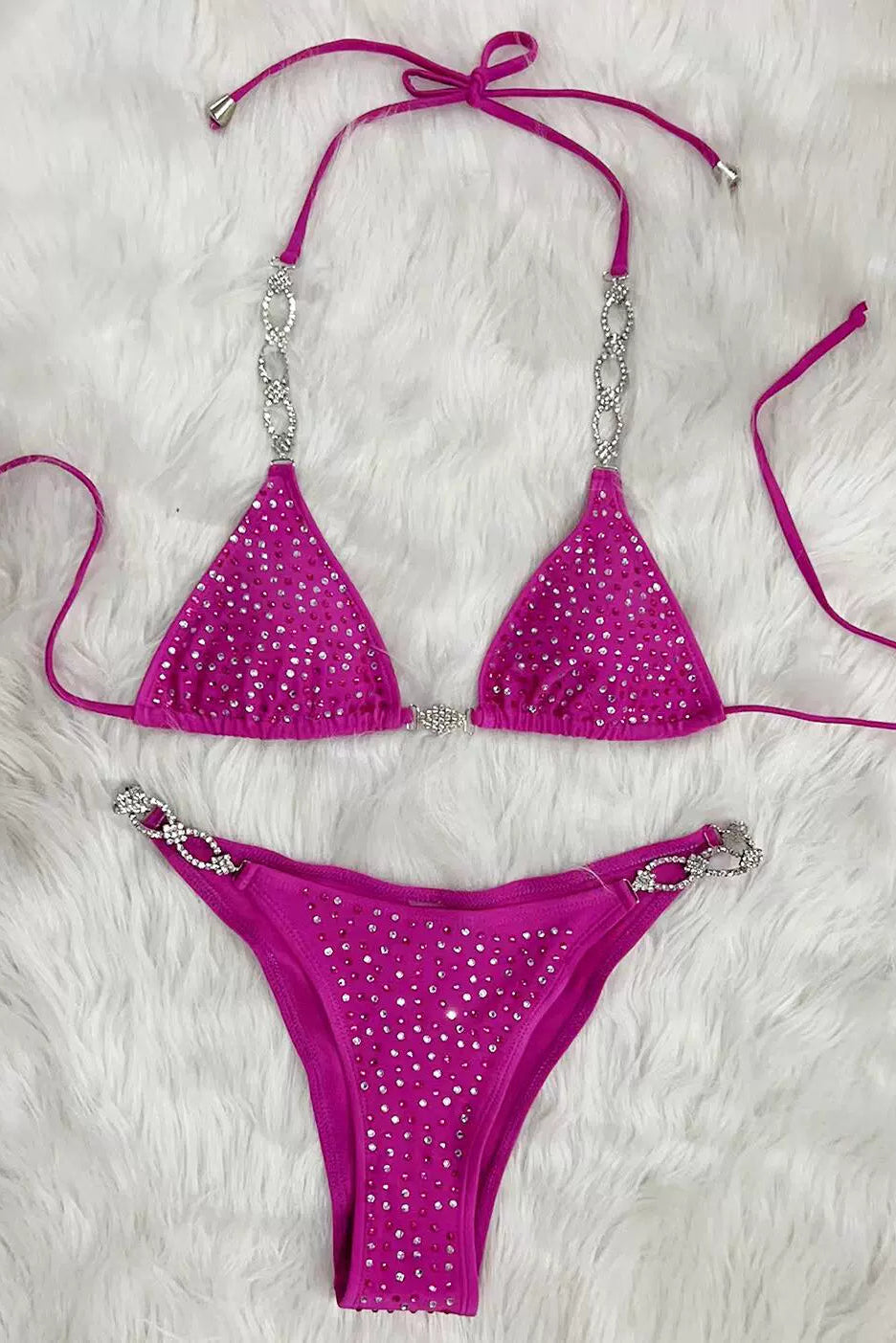 Fuchsia Silver Rhinestone Accent Sexy Two Piece Swimsuit