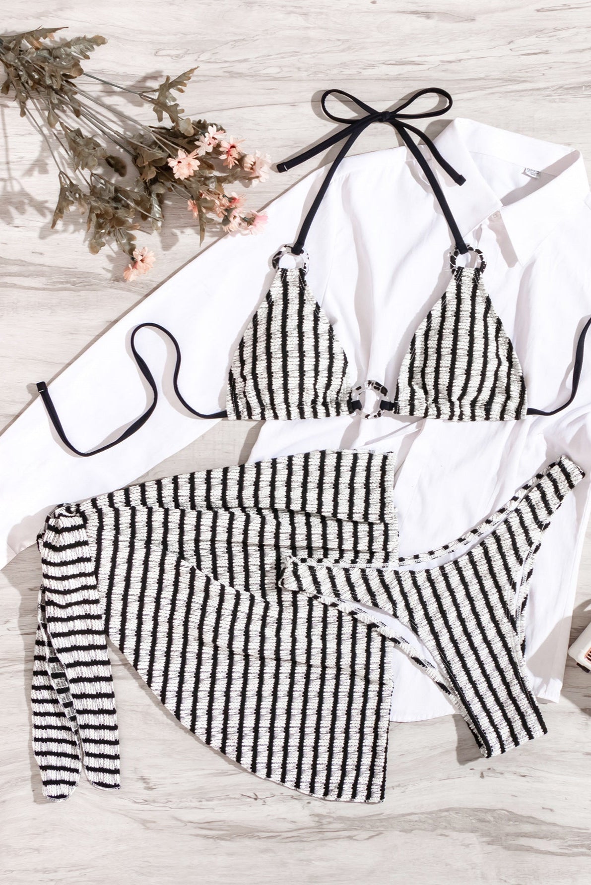 Black White Stripe Triangle Cheeky Cover-Up Sexy 3Pc Swimsuit Set