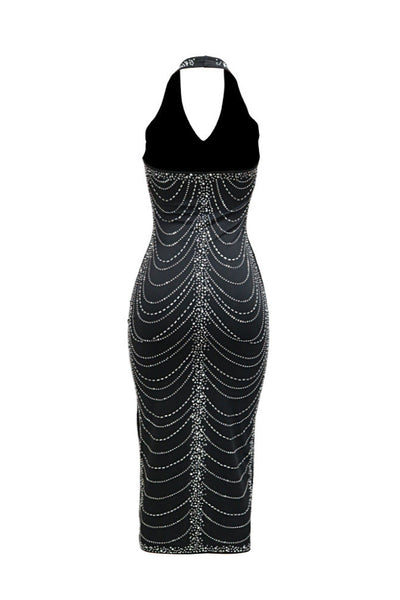 Black Cascading Rhinestones Halter Slit Sexy Fitted Midi Party Dress