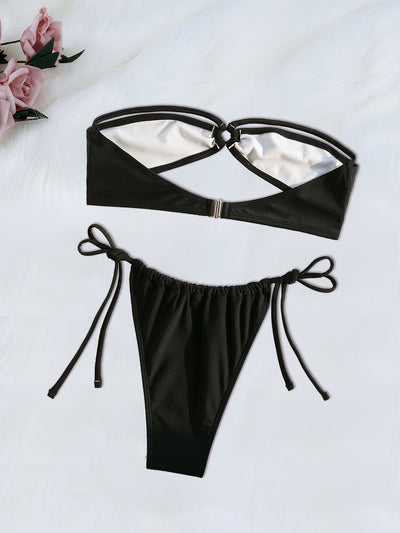 Black Strappy Bandeau Cheeky Sexy 2Pc Swimsuit Set