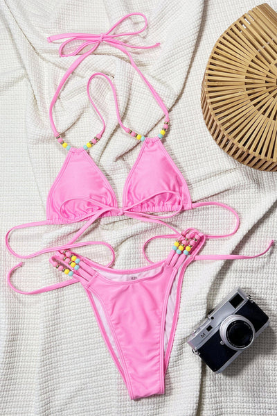 Light Pink Multi Color Beads Sexy 2Pc Swimsuit Set Bikini