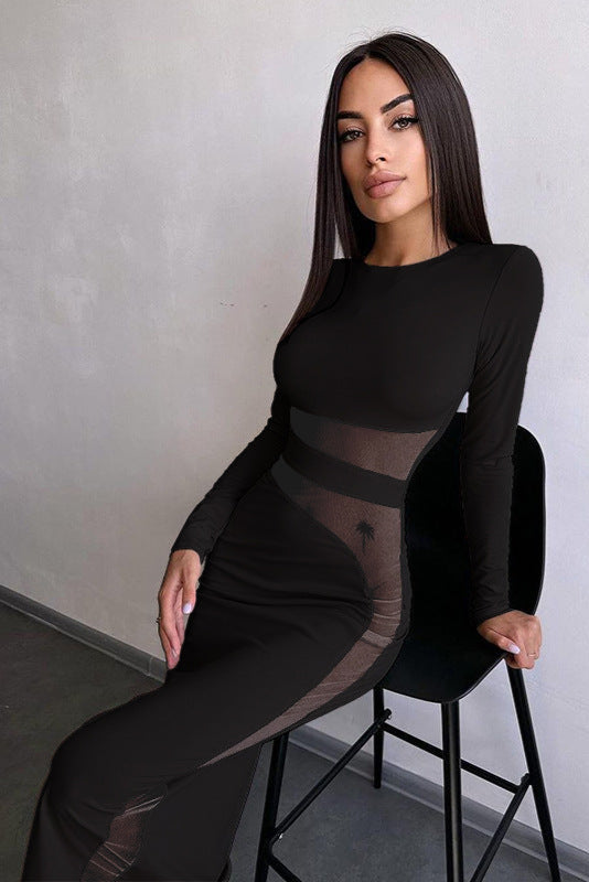 Black Mesh Cut-Out Long Sleeve Sexy Fitted Midi Party Dress