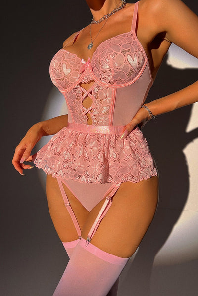 Pink Lace Skirted Bodysuit Garters Thong w/Stockings Sexy 3Pc Lingerie