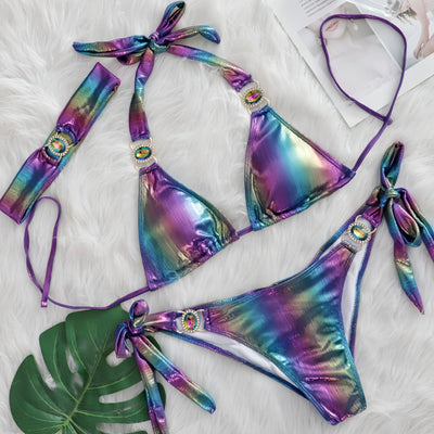 Purple Blue Holographic Metallic Rhinestone Gem Ruched Back Sexy 3Pc Swimsuit Set