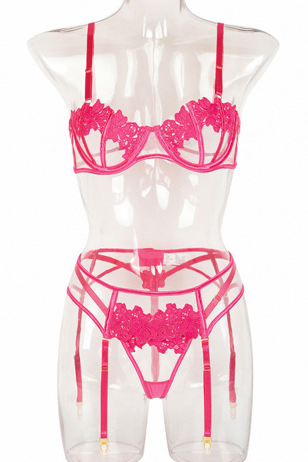 Hot Pink Rose Embroider Mesh 3Pc Push-Up Bra Thong Garter Belt Lingerie Set