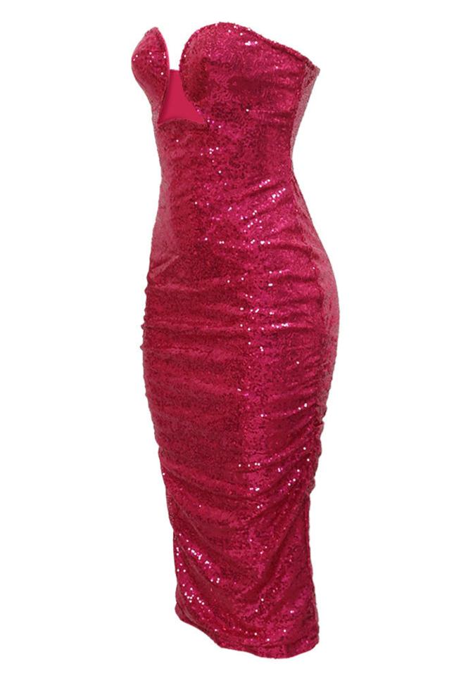 Hot Pink Sequin U-Wired Plunging Strapless Full Length Party Dress