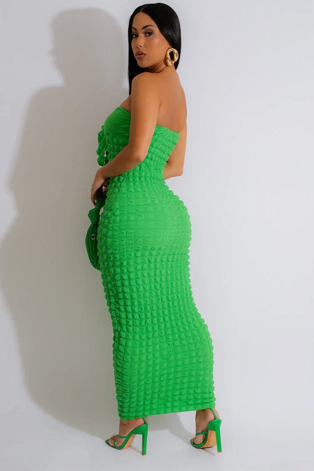 Green Textured Fabric Strapless Knot Sexy Fitted Maxi Dress