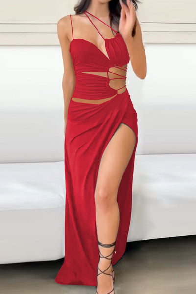 Red Strappy Cut-Out Drawstring High Slit Sexy Maxi Party Dress