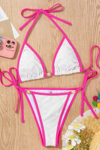 White Flower Texture Pink Piping Pearl buckle Triangle Cheeky 2Pc Swimsuit Set